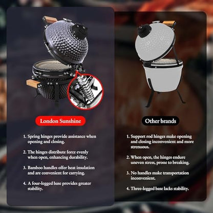 London Sunshine Ceramic BBQ Charcoal Kamado Grill 13 inch Portable Tabletop BBQ Bright Gray
