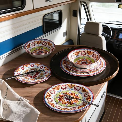 Premium Melamine Dinnerware Sets for 4, 12-Piece Plates and Bowls Sets, Red
