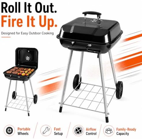 Charcoal Grill 17.5" Square Portable BBQ Kettle for Camping Picnic