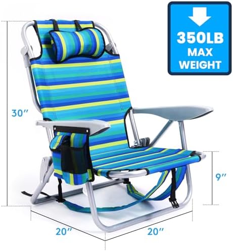 2 Pack Lightweight Portable Camping Beach Chair for Adults, Outdoor Lay Flat Folding Beach Chairs with 5 Positions, Backpack Beach Chair with Towel Bar, Zipper Pouch, Cup Holder, Ocean Striped