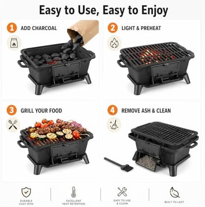 Hibachi Grill Outdoor, Portable Mini Charcoal Grill, Pre-Seasoned Cast Iron, Small Japanese Yakitori Tabletop Skillet Grill Stove for Outdoor Camping