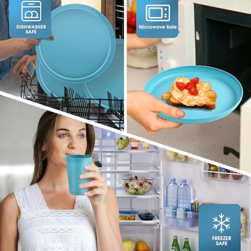 40 Piece Plastic Dinnerware Set for 8 with Cutlery, Unbreakable Plates and Bowls Set, Dishwasher & Microwave Safe Reusable Dish Set for Camping, RV, Outdoor Kitchen, Apartment Dining, Teal