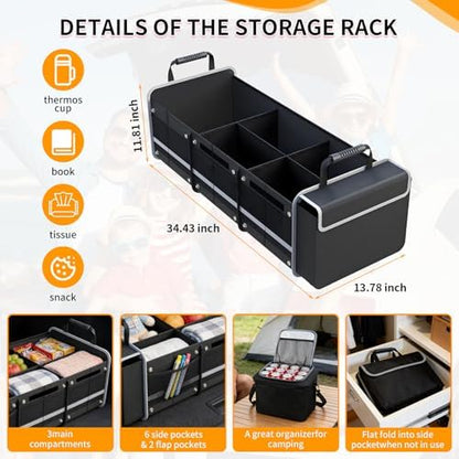 Car Trunk Organizer with Cooler Bag, Collapsible Multi-Compartment Storage Organizer for SUV Truck (Black)