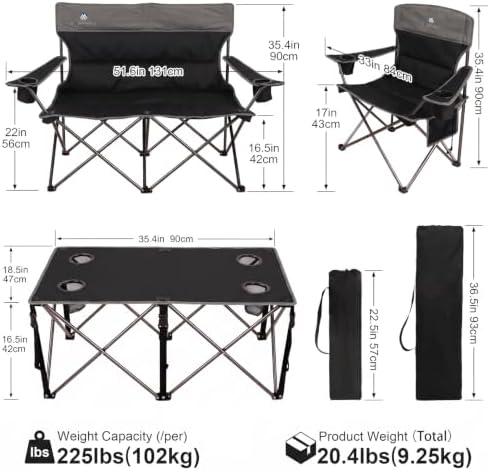 Camping Chair Set of 3, Outdoor Folding Camping Chairs for Heavy People with Cup Holder & Carry Bag,Collapsible Chair Include One Sofa Chair and Two Single Chair,Support up to 500lbs