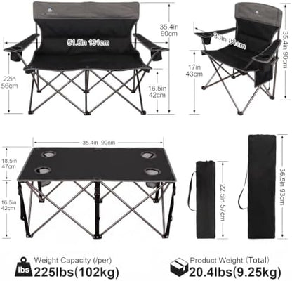 Camping Chair Set of 3, Outdoor Folding Camping Chairs for Heavy People with Cup Holder & Carry Bag,Collapsible Chair Include One Sofa Chair and Two Single Chair,Support up to 500lbs