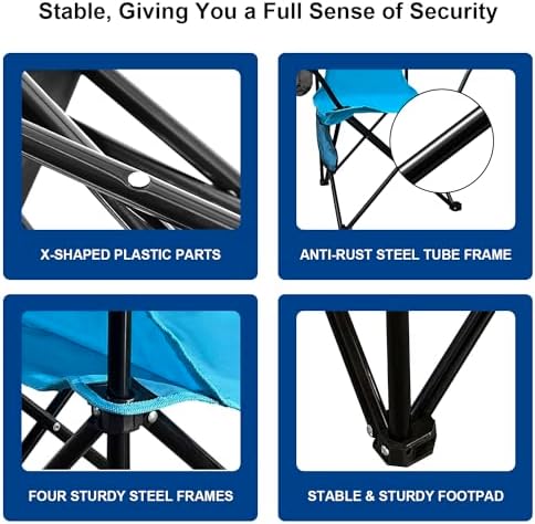 Folding Camping Collapsible Chairs Heavy Duty Lawn Chair with Cooler Bag, Storage Pocket, Waterproof Bag Outdoor Arm Chair, Supports 225LBS, Blue
