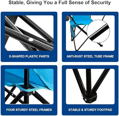 Folding Camping Collapsible Chairs Heavy Duty Lawn Chair with Cooler Bag, Storage Pocket, Waterproof Bag Outdoor Arm Chair, Supports 225LBS, Blue