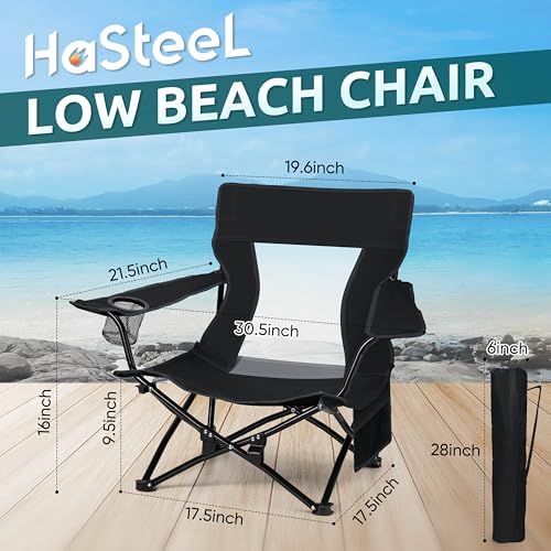 HaSteeL Low Beach Chairs, Folding Camping Lawn Chair for BBQ - Black