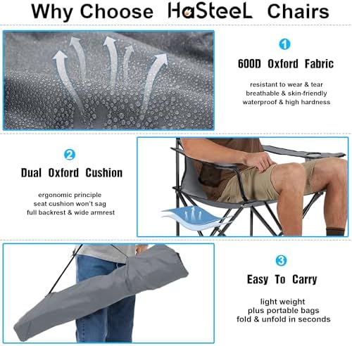 HaSteeL Camping Chair for Adults, Folding Beach Chair Set of 2, Large Foldable Portable Chair for Outdoors Fishing, Hiking, Sporting, Travel, Picnic, Lawn, Hold 275lbs & A Storage Bags (Grey)