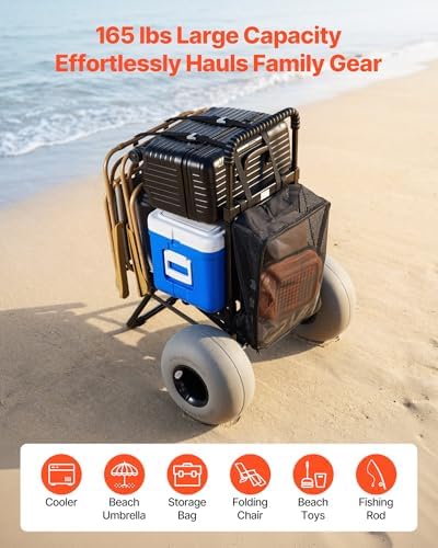 VEVOR Beach Dolly with Big Wheels for Sand, 18" x 15" Cargo Deck, Folding Sand Cart with 12" Balloon Wheels, 165 lbs Loading Capacity & 34" to 45" Adjustable Height, Heavy Duty Cart for Beach Camping
