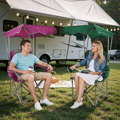 Northroad 2 Pack Folding Camping Chairs with Canopy Shade, Beach Chair with Cup Holders, Phone Holder, Armrests & Carry Bag for Outdoors Travel Sports Fishing, Purple & Green