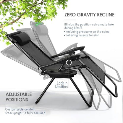 Nestl Zero Gravity Chairs Set of 6, Patio Lounge Chair Outdoor with Pillows & Cup Holder Trays, Adjustable Steel Mesh Reclining Camping Chair, Folding Patio Lawn Chair for Deck, Beach, Yard - Black