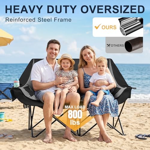 Double Camping Chair 2 Person Loveseat, 800LBS Heavy Duty Chair, Grey