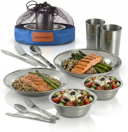 Unique Complete Messware Kit Polished Stainless Steel Dishes Set| Tableware| Dinnerware| Camping| Includes - Cups | Plates| Bowls| Cutlery| Comes in Mesh Bags