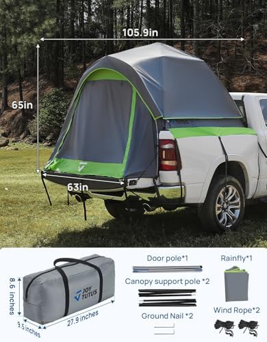 JOYTUTUS Semi-Automatic Truck Bed Tent with Awning, Easy Set-up with Pre-Assembled Design, 2 Person Portable Truck Camping Tent with Rainfly for 5.0FT-6.5FT Pickup Truck Bed, Waterproof PU2000mm