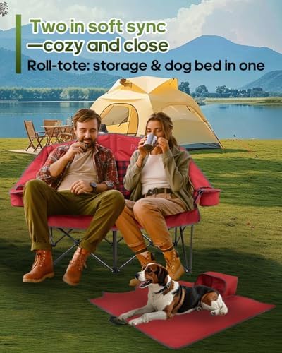 Padded Double Camping Chair Loveseat Oversized Camping Couch, Red