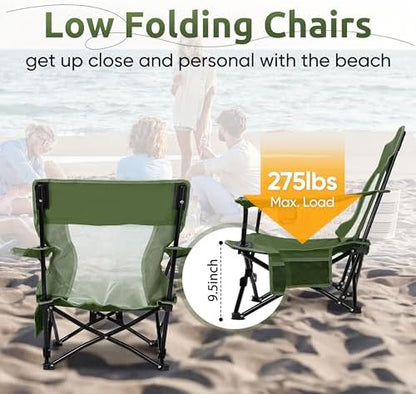 HaSteeL Low Beach Chairs, 2Pcs Folding Camping Lawn Chairs - Green