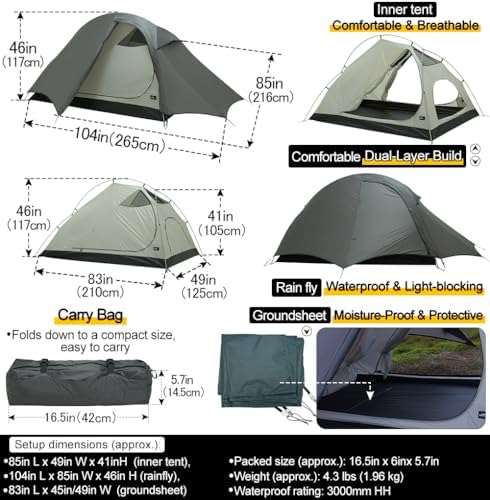 Soomloom 2-Person Lightweight Fishbone Tent Variable 2P with Inner and Groundsheet Spacious Comfortable Windproof Waterproof UV Protection Ventilation Easy Setup Camping Shelter