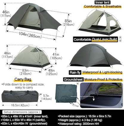 Soomloom 2-Person Lightweight Fishbone Tent Variable 2P with Inner and Groundsheet Spacious Comfortable Windproof Waterproof UV Protection Ventilation Easy Setup Camping Shelter