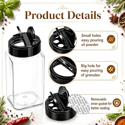 Bekith 16 Pack 9 oz Plastic Spice Jars with Black Cap, Plastic Spice Bottles Empty Seasoning Containers for Storing Spice, Herbs and Powders