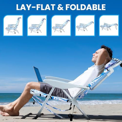 2 Pack Lightweight Portable Camping Beach Chair for Adults, Outdoor Lay Flat Folding Beach Chairs with 5 Positions, Backpack Beach Chair with Towel Bar, Zipper Pouch, Blue Coconut Tree
