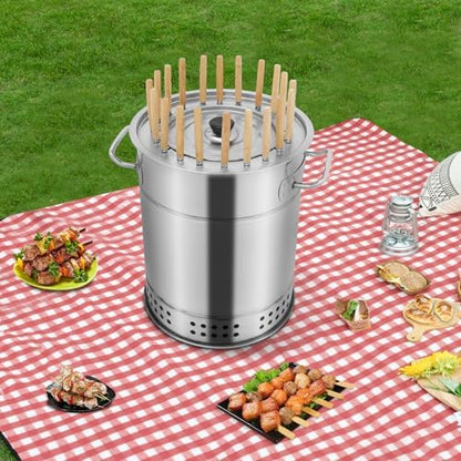 Large Portable Charcoal Grills, 2 in 1 Vertical Smoker, 360° Smokeless Stainless Steel BBQ Grill Barrel for Outdoor Barbecue, Camping, And Backyard Cooking (Mini-20 Skewers)