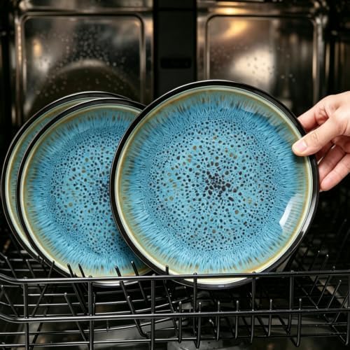 Melamine Dinnerware Sets, 12 Pcs Plates and Bowls for 4, Blue and Black