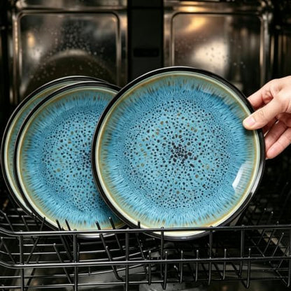 Melamine Dinnerware Sets, 12 Pcs Plates and Bowls for 4, Blue and Black