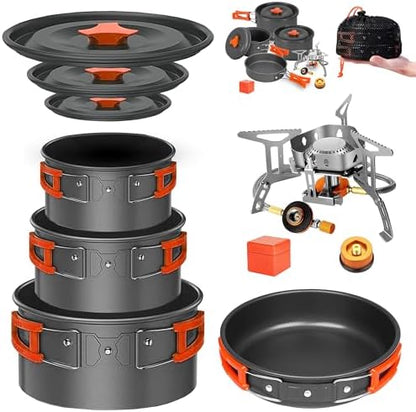 Smokey Camp Camping Cookware Mess Kit Set with Stove - Backpacking Camping Pots and Pans Set, All in One Non-Stick Camping Cooking Set, Portable Stove, Hiking, Picnic, Outdoor & Camping Cookware Set