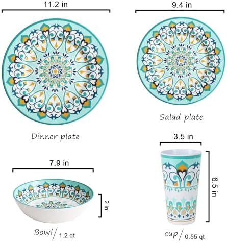 Melamine Dinnerware Set for 4-16 Pcs:Camping Dishes Set with Dinner Plates,Salad Plates,Bowls and Cups.Lightweight and Unbreakable.Indoor and Outdoor Use.