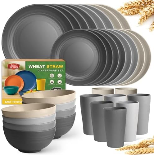 Teivio 32-Piece Plates and Bowls Sets for 8, Wheat Straw Dinnerware Sets