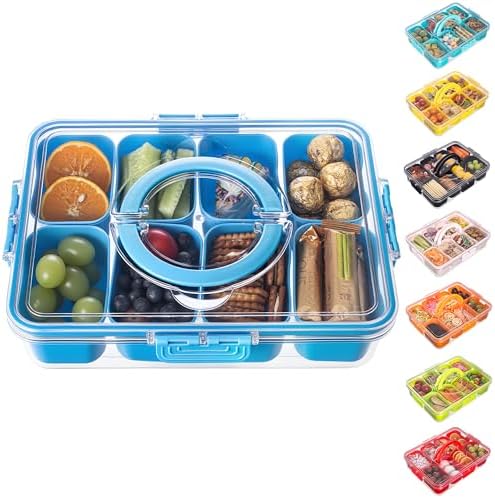 Divided Serving Tray with Lid and Handle - Snackle Box Charcuterie Container for Portable Snack Platters Organizer for Candy, Fruits, Nuts, Snacks - Perfect for Party, Entertaining, Cerulean