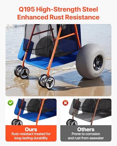 VEVOR Beach Cart with Large Wheels for Sand, 165 lbs Load Capacity, Heavy Duty Folding Beach Wagon with 12" Balloon Wheels, Insulated Cooler Bag, Umbrella Holder, Holds 4 Chairs for Camping & Fishing