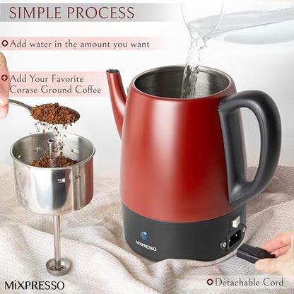 Mixpresso 4 Cup Red Small Electric Percolator Coffee Pot, Stainless Steel