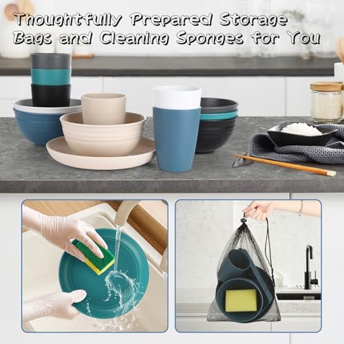 66 Pcs Wheat Straw Dinnerware Sets, Unbreakable Dinnerware Set, Reusable Wheat Straw Plates and Bowls Set for 6, Camping Mess Kit for Travel,Camping Essentials,Picnic,Home,Party