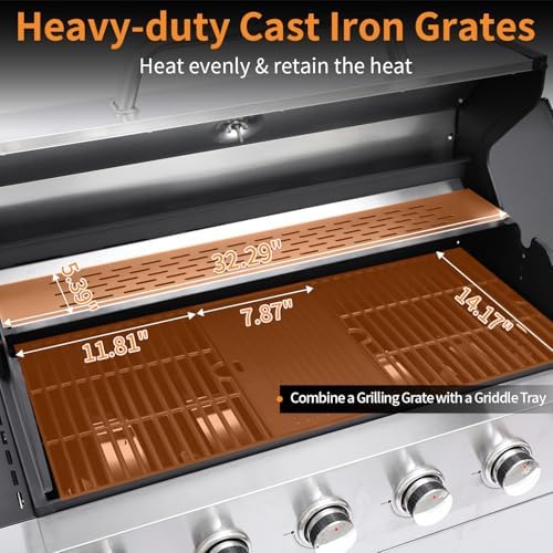 6 Burner Propane Gas Grill with Side Burner, Cast Iron Grates & Griddle Combo, Large Cabinet BBQ with Warming Rack for Backyard Patio, 620 SQ. IN. Cooking Area
