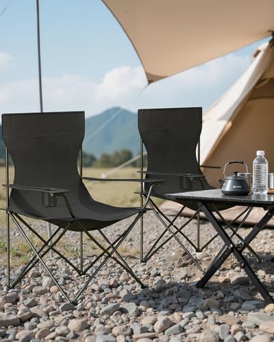 YSSOA Portable Folding Black Camping Chair, 2-Pack