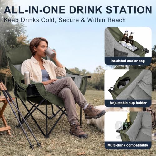 Oversized Camping Chairs for Adult - Heavy Duty Padded Portable Folding Chair XL Collapsible Camp Chair with Cup Holder Cooler Pockets for Outdoor Lawn Beach Sport Fishing Support 500LBS, Green Grey