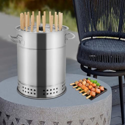 Large Portable Charcoal Grills, 2 in 1 Vertical Smoker, 360° Smokeless Stainless Steel BBQ Grill Barrel for Outdoor Barbecue, Camping, And Backyard Cooking (Mini-20 Skewers)