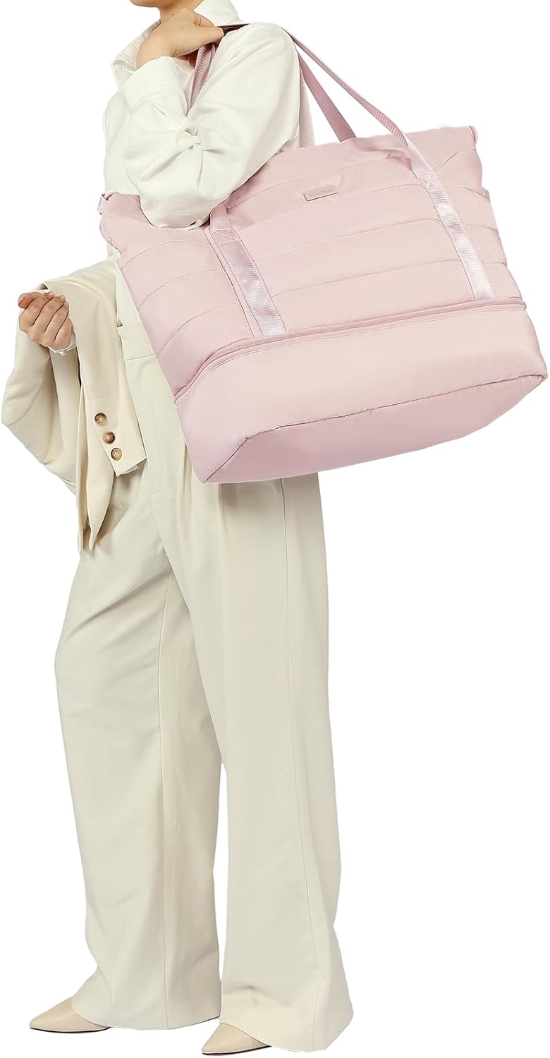 NISHEL Double-layer Weekender Bags for Women, Personal Item Duffle Bag with Shoes Compartment, Large Capacity Travel Bag, Overnight Luggage Bag with Pocket, Pink