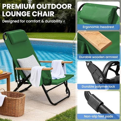 2 Pack Premium 5-Position Reclining Camping Chair - Portable Folding Lightweight Outdoor Chair with Wooden Armrests, Headrest & Pockets, 350lbs Heavy Duty for Beach, Patio, Backyard, Green