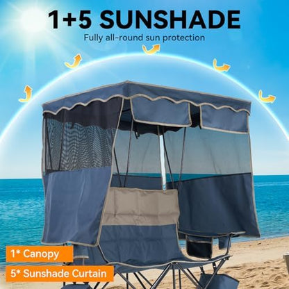 Padded Double Camping Chair With Canopy,Folding Chair Support 450LBS, Blue