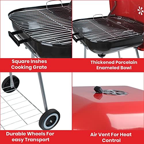 Alpine Cuisine 22x25 Inch Portable Charcoal BBQ Grill with Wheels, Heavy-Duty Outdoor Grilling for Patio, Tailgating & Camping - Red
