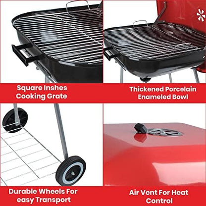 Alpine Cuisine 22x25 Inch Portable Charcoal BBQ Grill with Wheels, Heavy-Duty Outdoor Grilling for Patio, Tailgating & Camping - Red