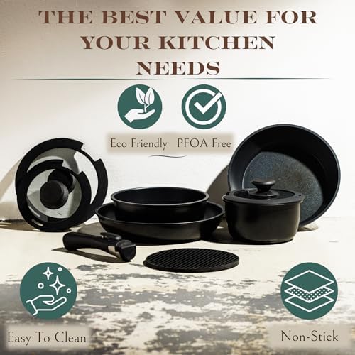 Moss & Stone 10-Piece Nonstick Pots and Pans Set, Removable Handle Cookware