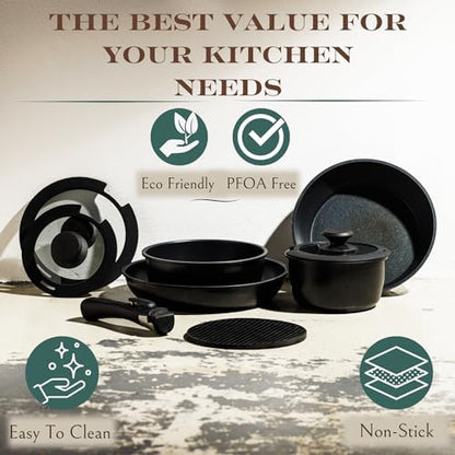 Moss & Stone 10-Piece Nonstick Pots and Pans Set, Removable Handle Cookware