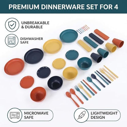 Karlak Dinnerware Sets Lightweight Unbreakable Plates and Bowls for 4 People Camping Travel Home Party PP Material