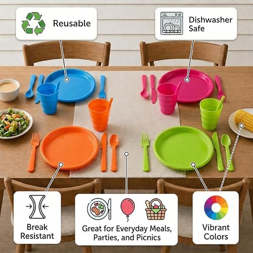 Basicwise 20-pc Reusable Plastic Dinnerware Set for 4 – Microwavable & Dishwasher Safe Assorted Color Plates, Cups, and Cutlery for Party, Picnic, Camping, Outdoor Gathering & Everyday Dining