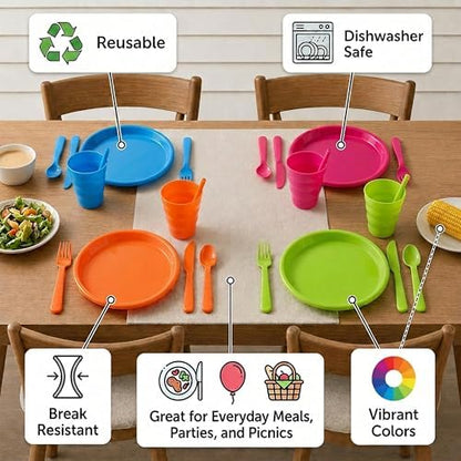 Basicwise 20-pc Reusable Plastic Dinnerware Set for 4 – Microwavable & Dishwasher Safe Assorted Color Plates, Cups, and Cutlery for Party, Picnic, Camping, Outdoor Gathering & Everyday Dining