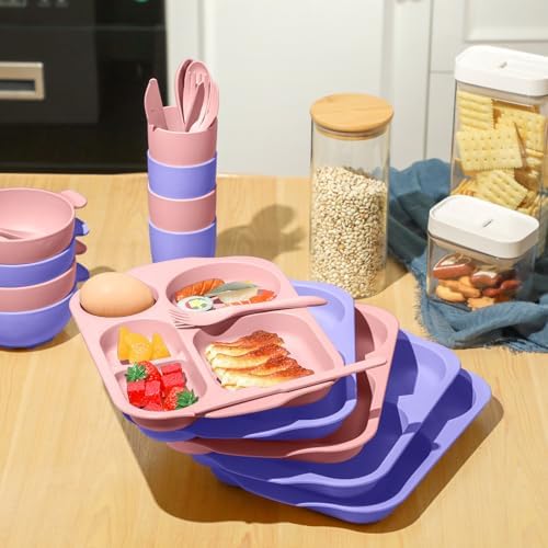 Honoson 24pcs Wheat Straw Dinnerware, Unbreakable, Light Purple and Pink
